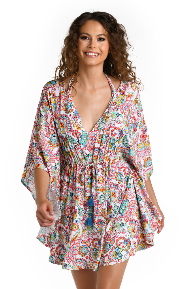 Model is wearing a multicolored V-Neck Caftan Swimsuit Cover Up