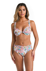 Model is wearing a multicolored Underwire Draped Bikini Swimsuit Top