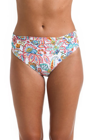 Model is wearing a multicolored Shirred Band Hipster Swimsuit Bottom
