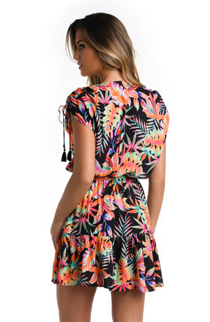Model is wearing a multicolored Short Sleeve Mini Dress Swimsuit Cover Up
