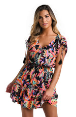 Model is wearing a multicolored Short Sleeve Mini Dress Swimsuit Cover Up