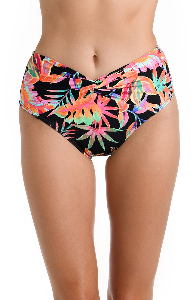 Model is wearing a multicolored Twist Front High Waist Bikini Bottom