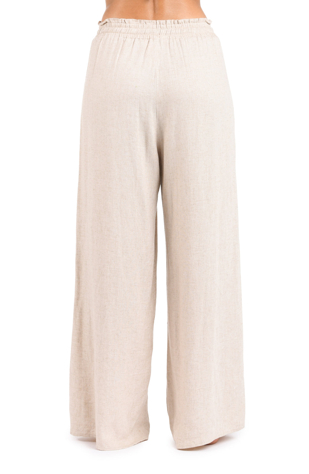 Model is wearing a taupe Palazzo Pant Swimsuit Cover Up