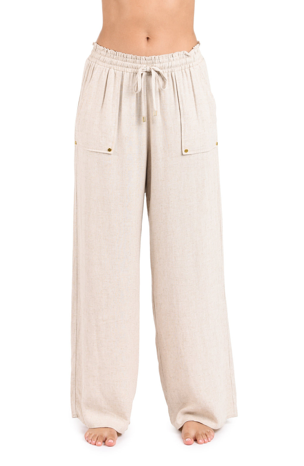 Model is wearing a taupe Palazzo Pant Swimsuit Cover Up