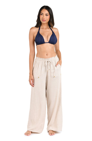 Model is wearing a taupe Palazzo Pant Swimsuit Cover Up