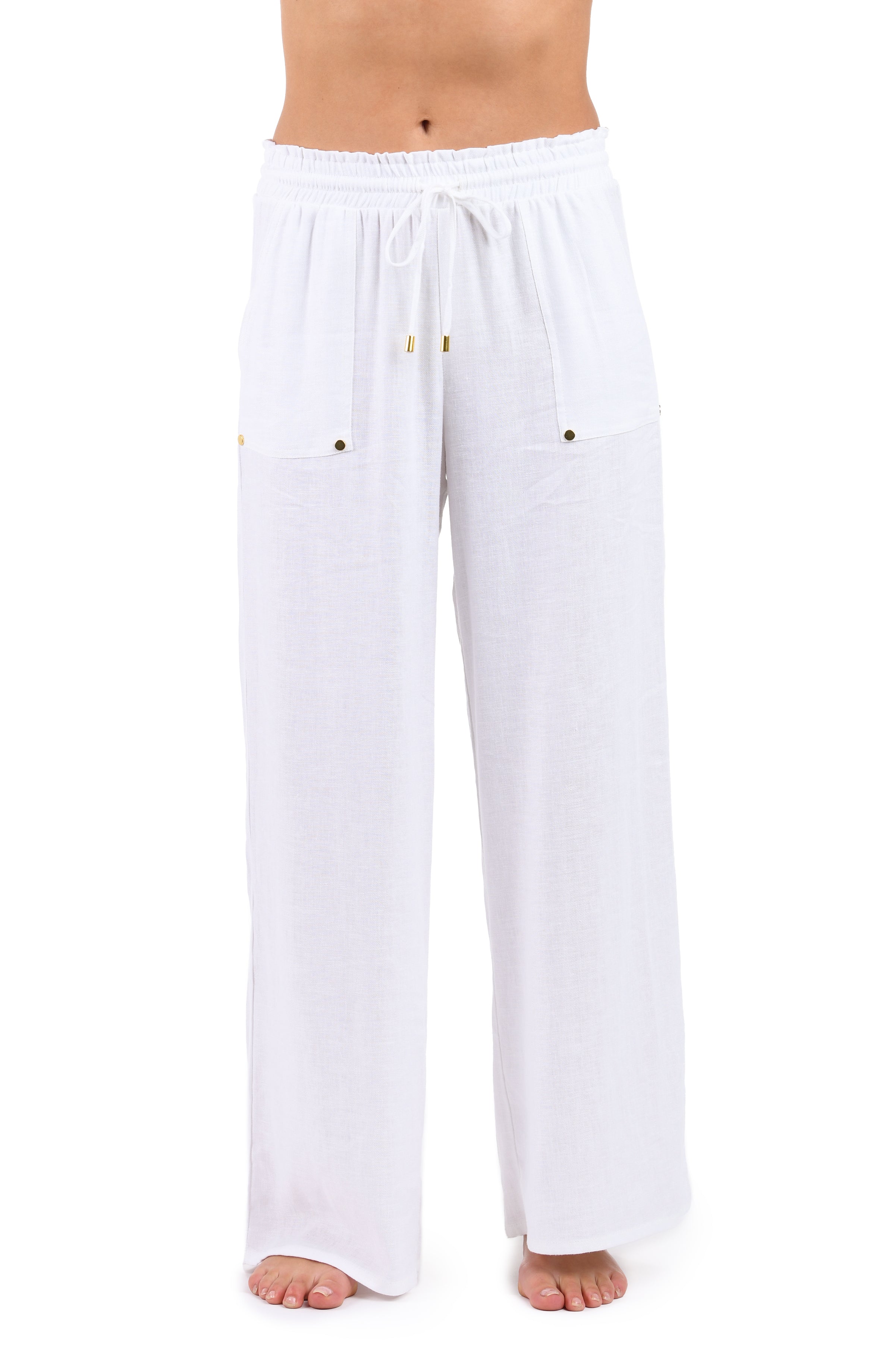 Front image of model wearing the Delphine Coast Beach Pant Cover Up in white.