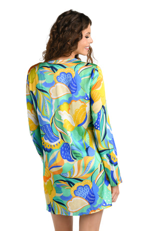 Model is wearing a multicolored Tunic Swimsuit Cover Up