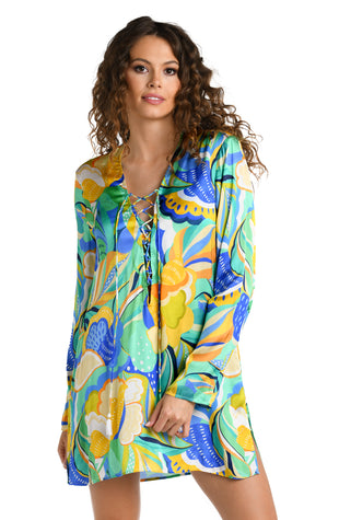 Model is wearing a multicolored Tunic Swimsuit Cover Up
