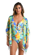 Front image of model wearing a multicolored Kimono Swimsuit Cover Up featuring an open front, dolman sleeves, and adorned with tassels.