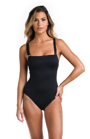 Model is wearing a multicolored Over The Shoulder One Piece Swimsuit