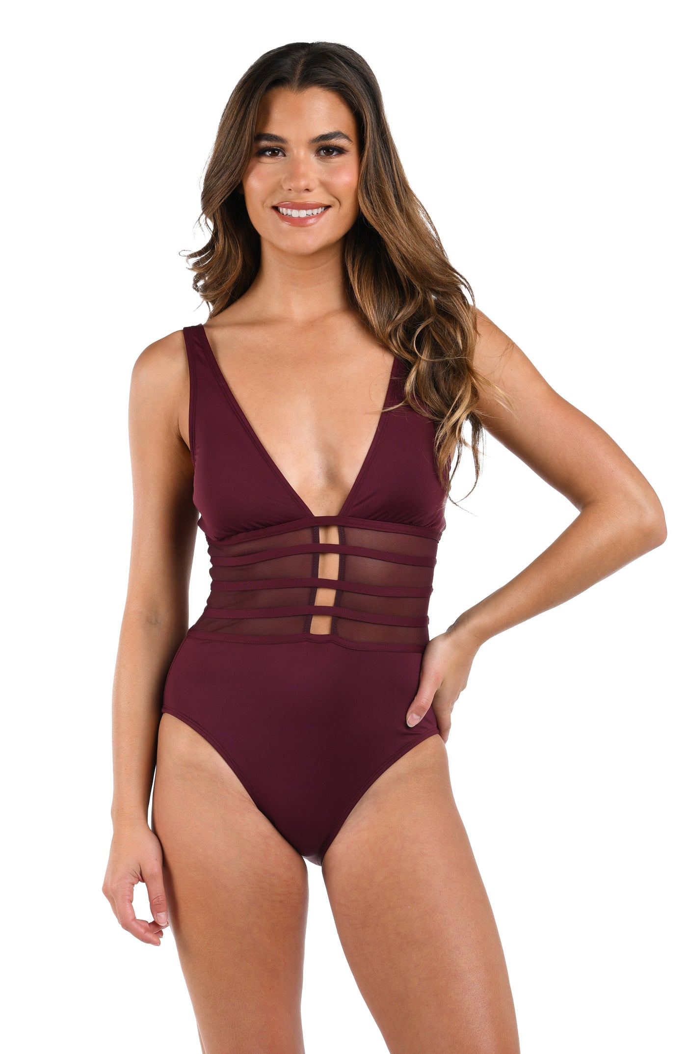 
                  
                    Front image of model wearing the Island Goddess Over the Shoulder Mesh One Piece in Dark Cherry.
                  
                