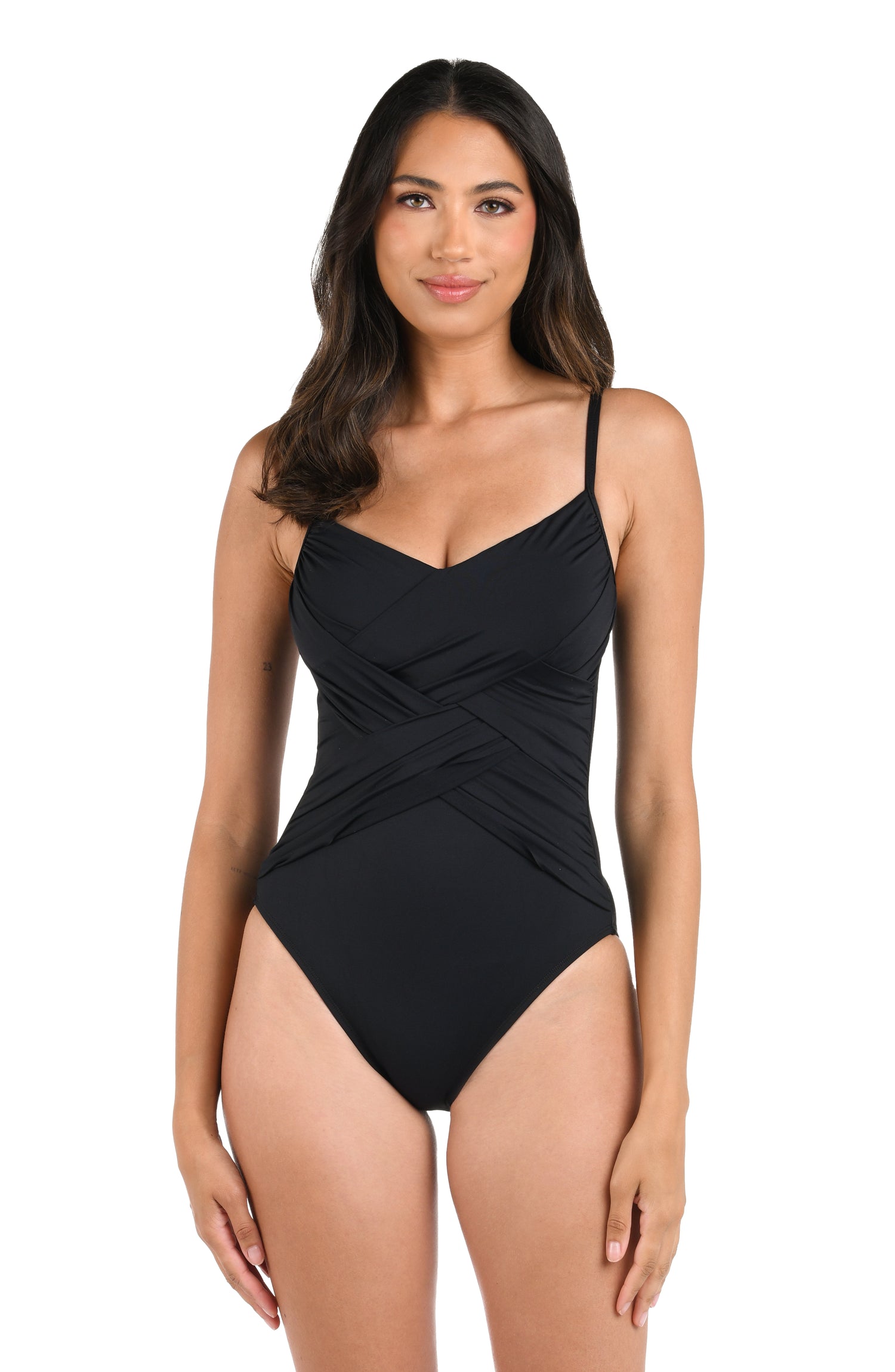 Model is wearing a solid black Island Goddess Draped Lingerie One Piece Swimsuit