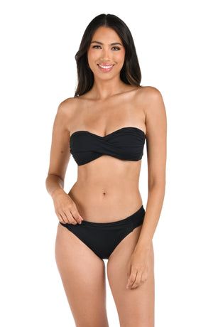 Model is wearing a black bandeau swimsuit top from our Best-Selling Island Goddess collection.