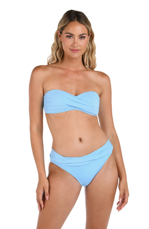 Front image of model wearing the strapless version of the Island Goddess Twist Bandeau Bikini Top in Crystal Blue.