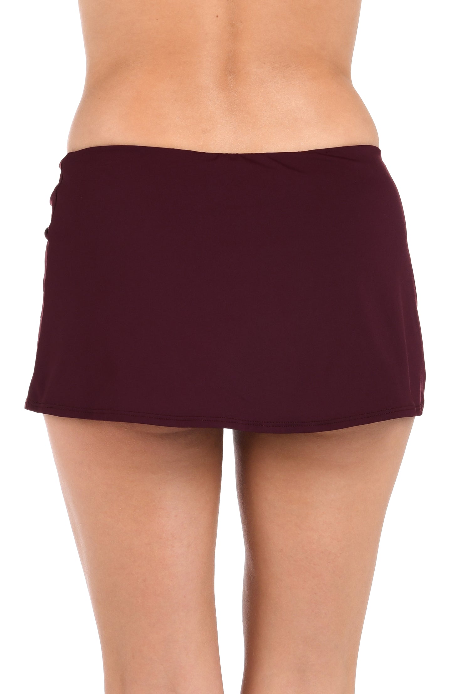 Model is wearing an Island Goddess Adjustable Tunnel Skirted Bottom in Dark Cherry.