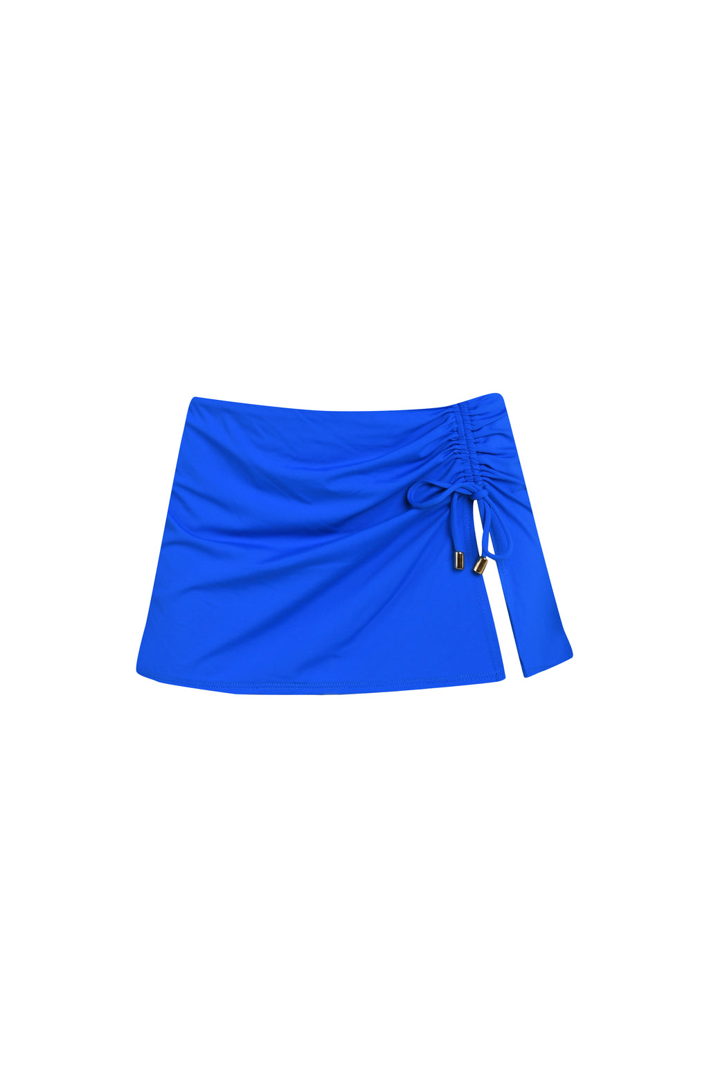 Floating image of a solid lapis (blue) colored skirted bikini bottom featuring a built-in brief and adjustable side slit with gold cord ends. 
