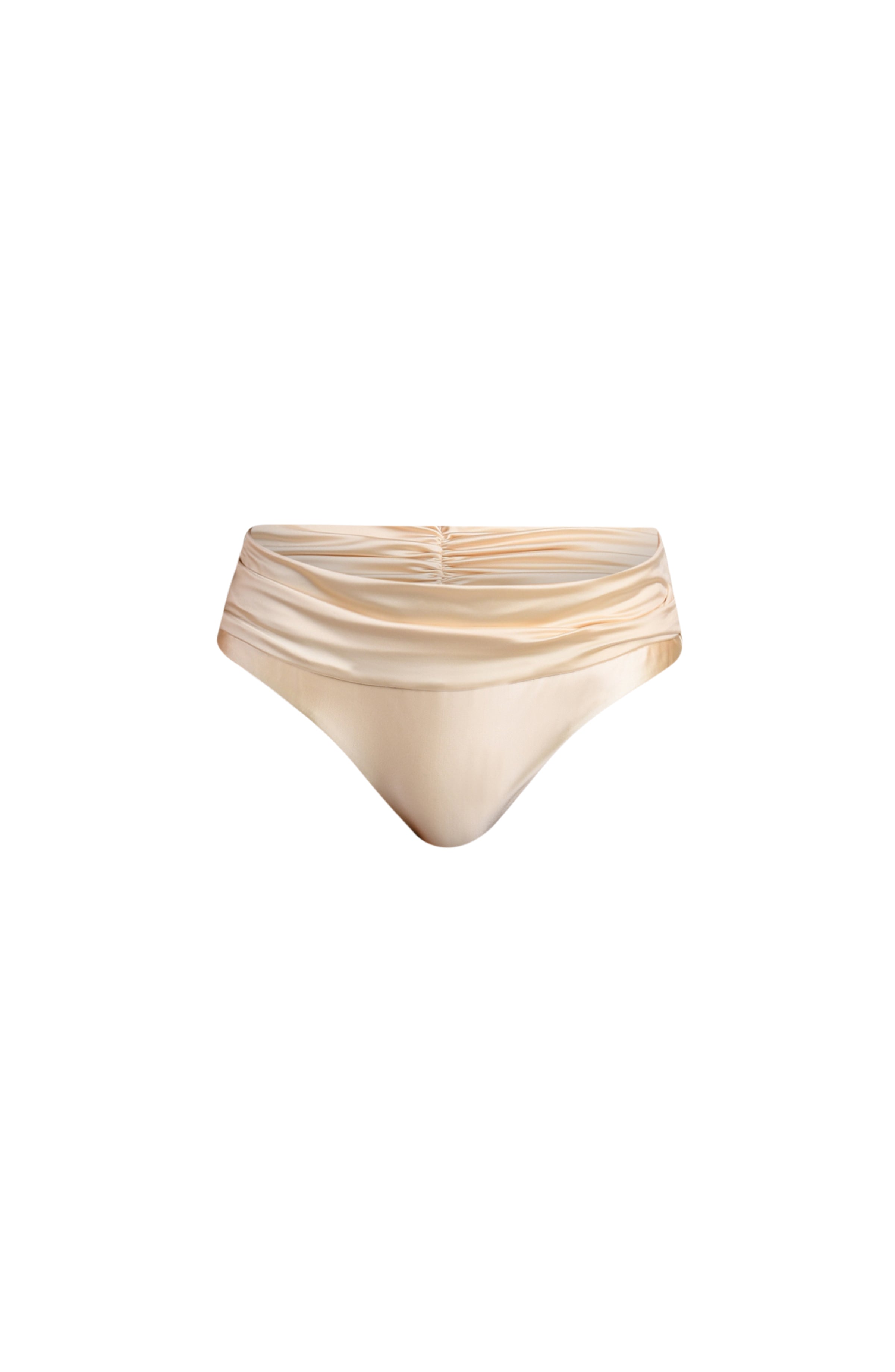 Champagne colored bikini bottoms against a white background. 