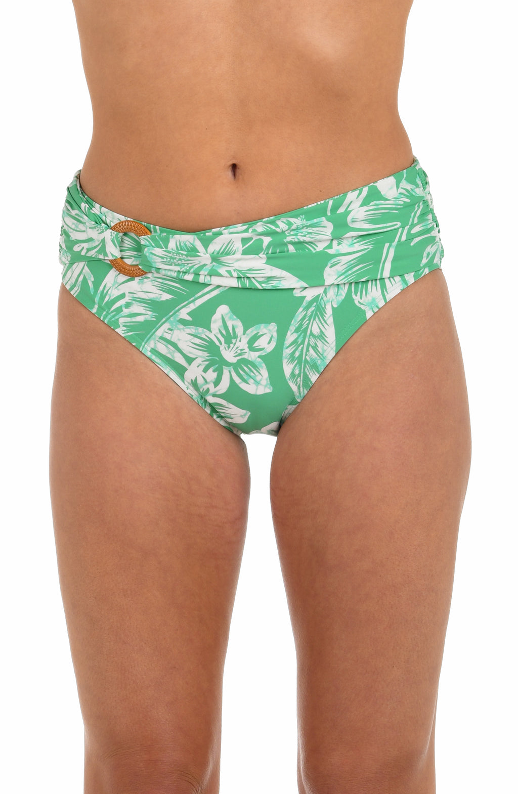 Front image of model wearing a green and white floral-printed mid-waist bikini bottom featuring a twist front with ring detail. 