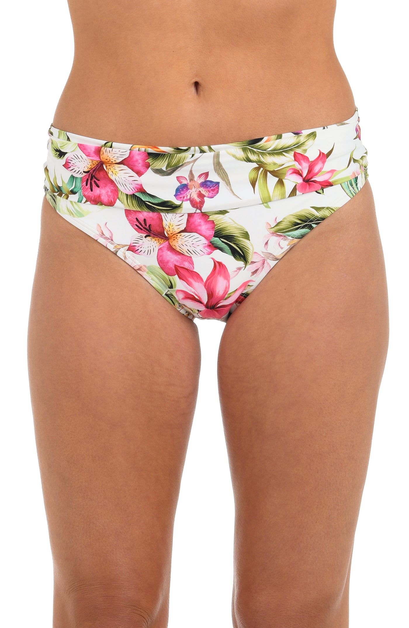 
                  
                    Front image of model wearing a white, pink, and green multicolored floral printed hipster bikini bottom featuring fold-over shirred banding. 
                  
                