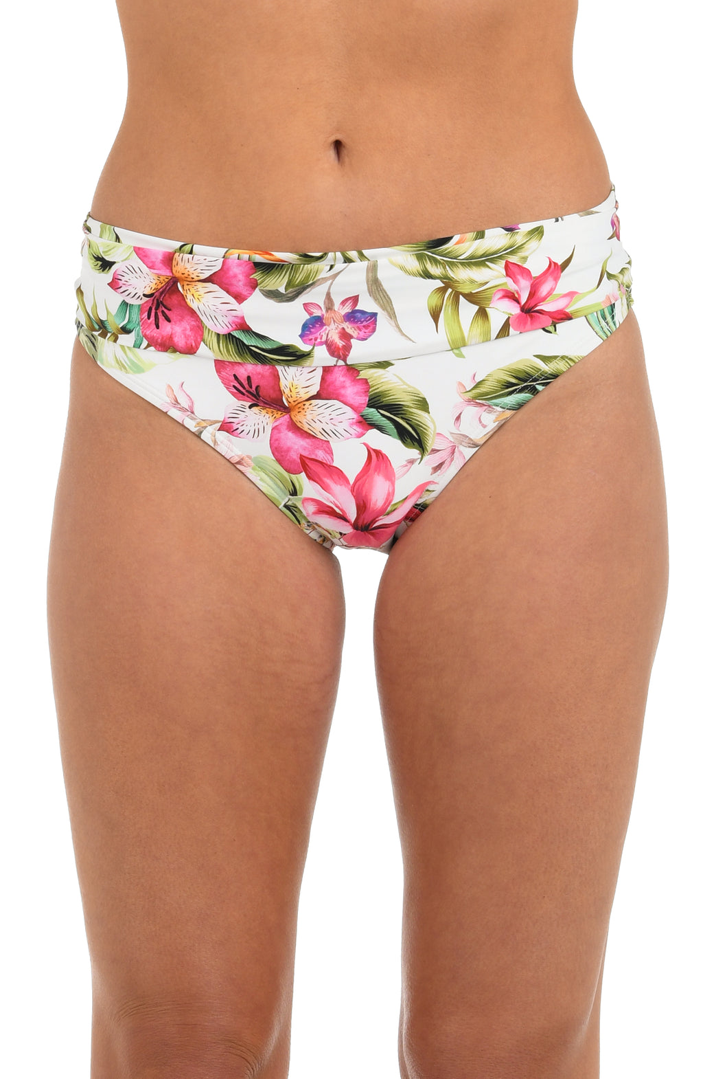 Front image of model wearing a white, pink, and green multicolored floral printed hipster bikini bottom featuring fold-over shirred banding. 