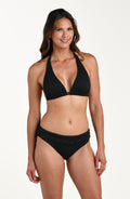 Front image of model wearing a black colored jacquard fabric halter triangle top featuring a v-plunge neckline. This is paired with matching bikini bottoms. 