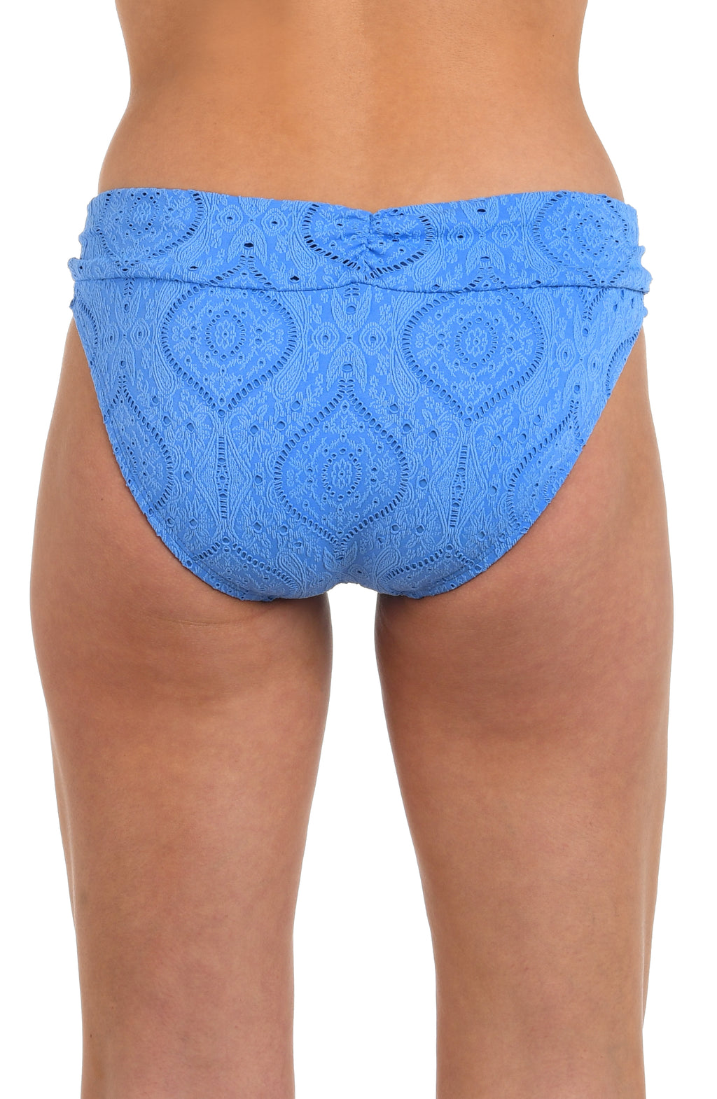 Back image of model wearing a chambray colored jacquard fabric hipster swimsuit bottom featuring a shirred band and moderate rear coverage.