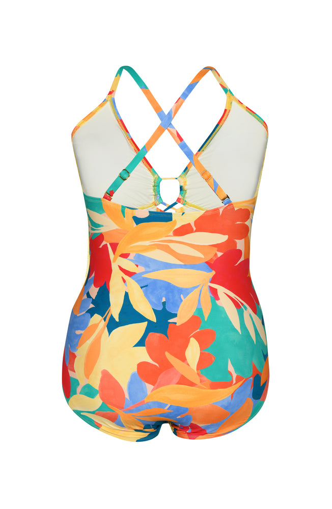 Orange, pink, blue, and aqua multicolored tropical patterned underwire lace front one piece swimsuit.