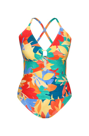 Orange, pink, blue, and aqua multicolored tropical patterned underwire lace front one piece swimsuit.