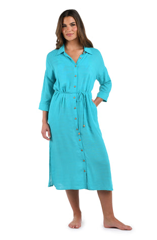 Front image of model wearing the Sea Cove Covers Button Up Shirt Dress in Teal