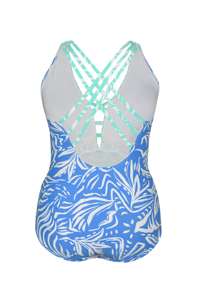 Two-toned one piece swimsuit with bold white botanical motifs on a background of contrasting shades of blue.