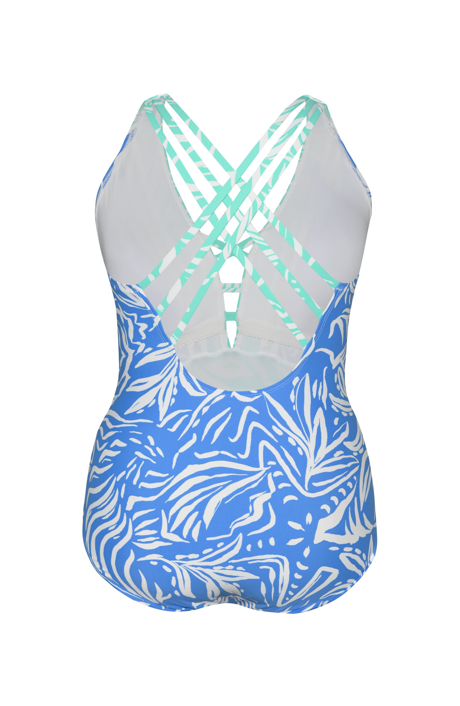 Two-toned one piece swimsuit with bold white botanical motifs on a background of contrasting shades of blue.
