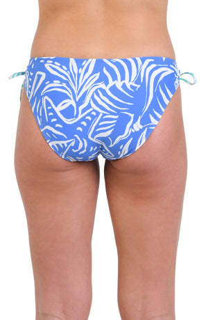 Model is wearing a two-toned hipster bottom with bold white botanical motifs on a background of contrasting shades of blue.