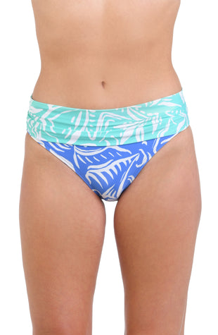 Model is wearing a two-toned hipster bottom with bold white botanical motifs on a background of contrasting shades of blue.