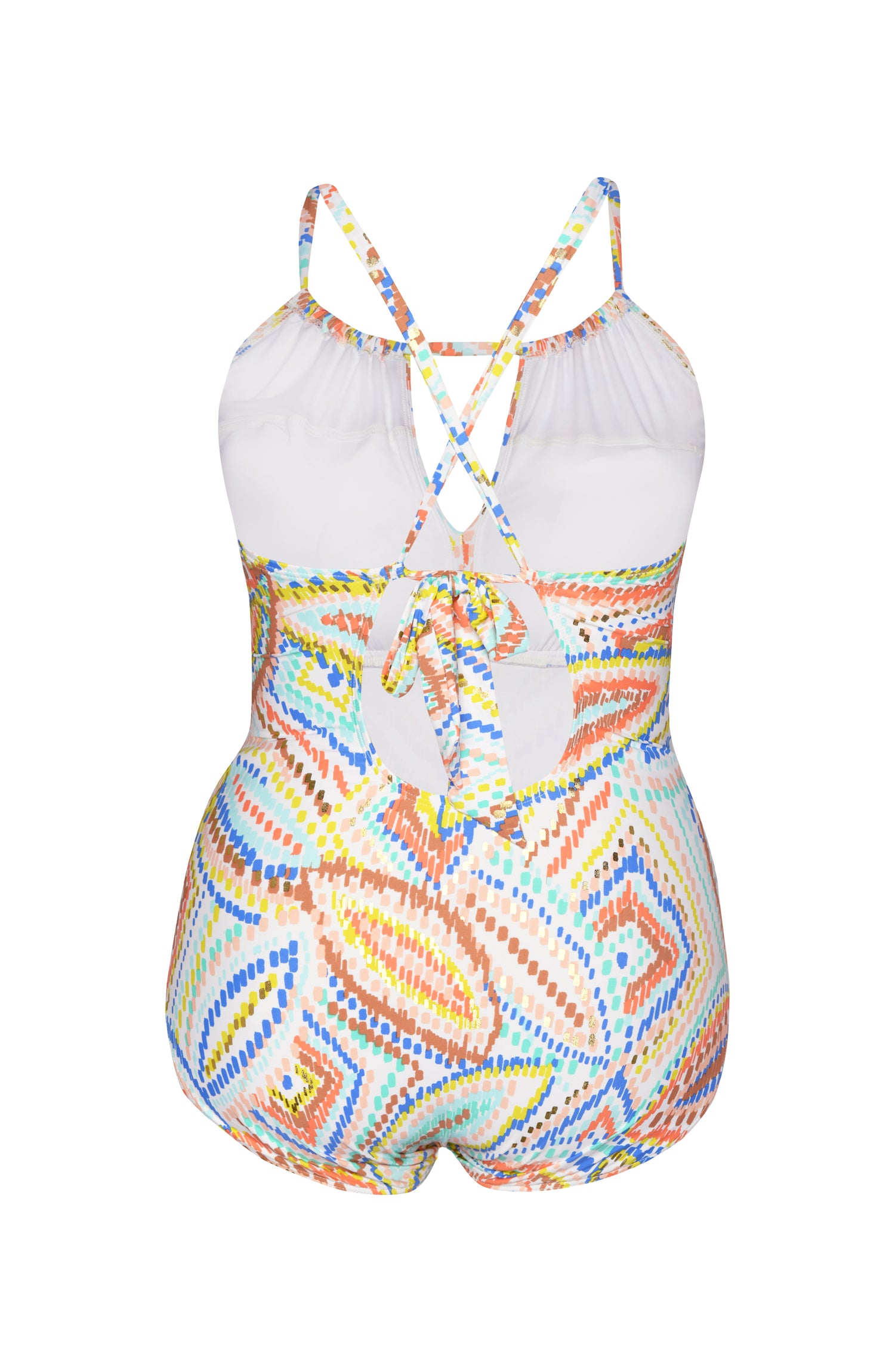 Geometric patterned one piece swimsuit in pastel shades of pink, blue, and yellow, accented with sporadic glimmers of gold sequin-like details on a white background.