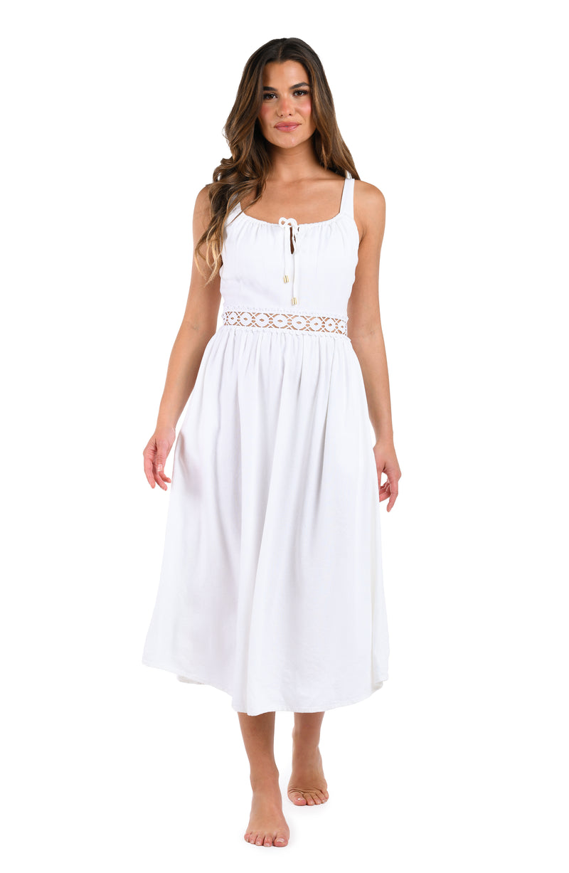 Front image of model wearing the Lakeside Linen Tunnel Neck Midi Dress in white.