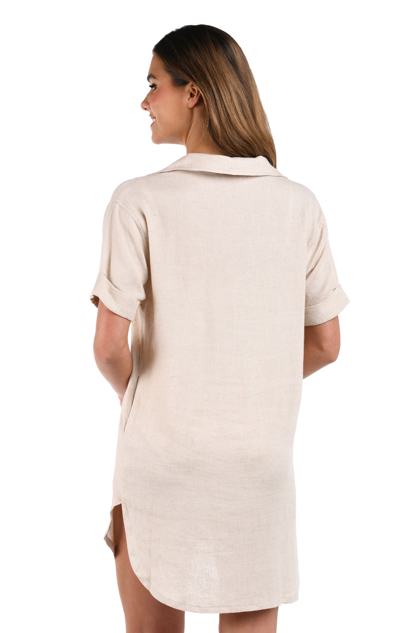 Back image of model wearing the Delphine Coast Button Up Cover Dress in Taupe.