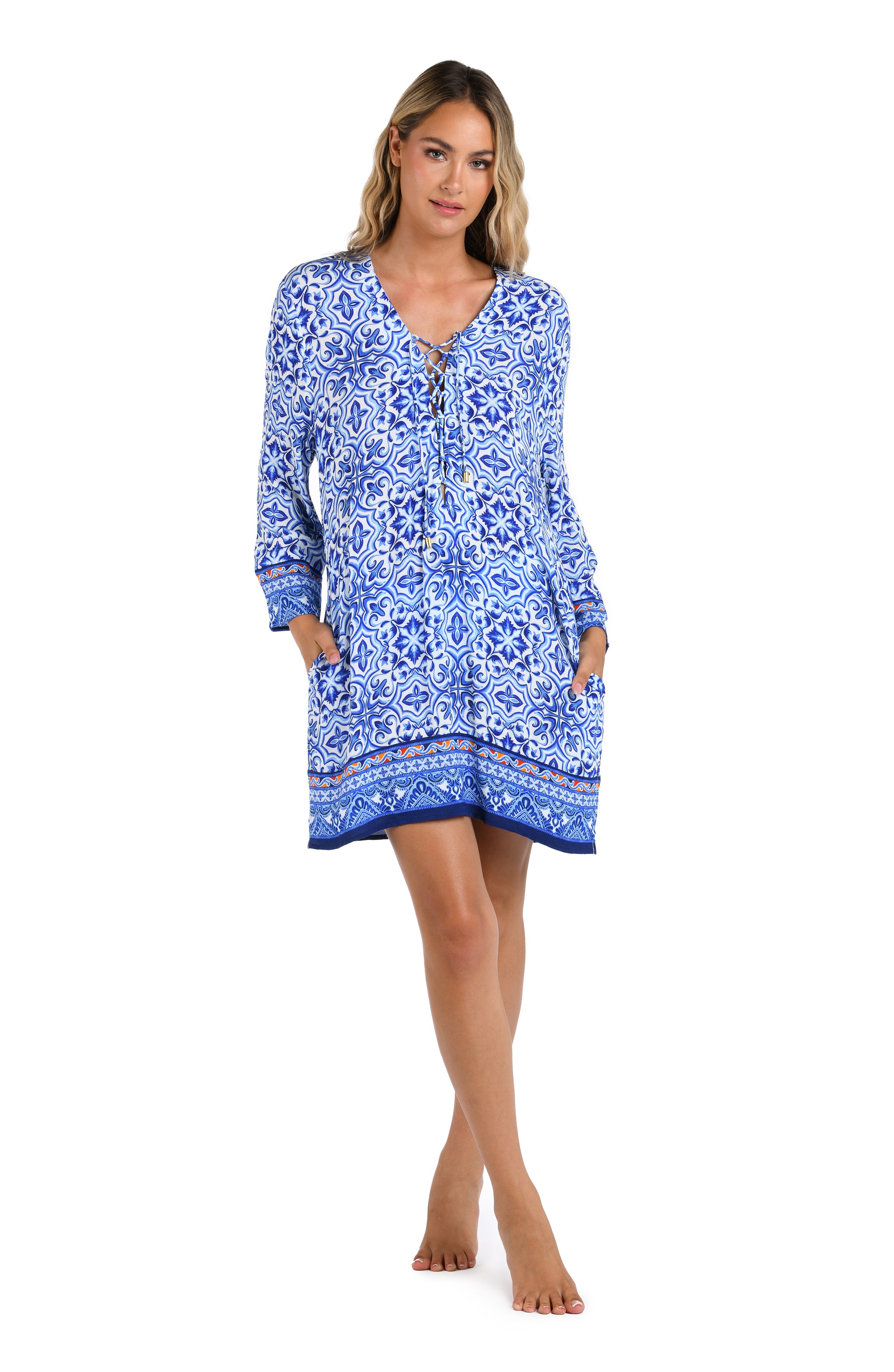 Front image of model wearing the Alboran Sea Lace Up V-Neck Tunic Cover Up.