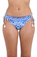 Front image of model wearing the Alboran Sea Side Tie Hipster Bottom.