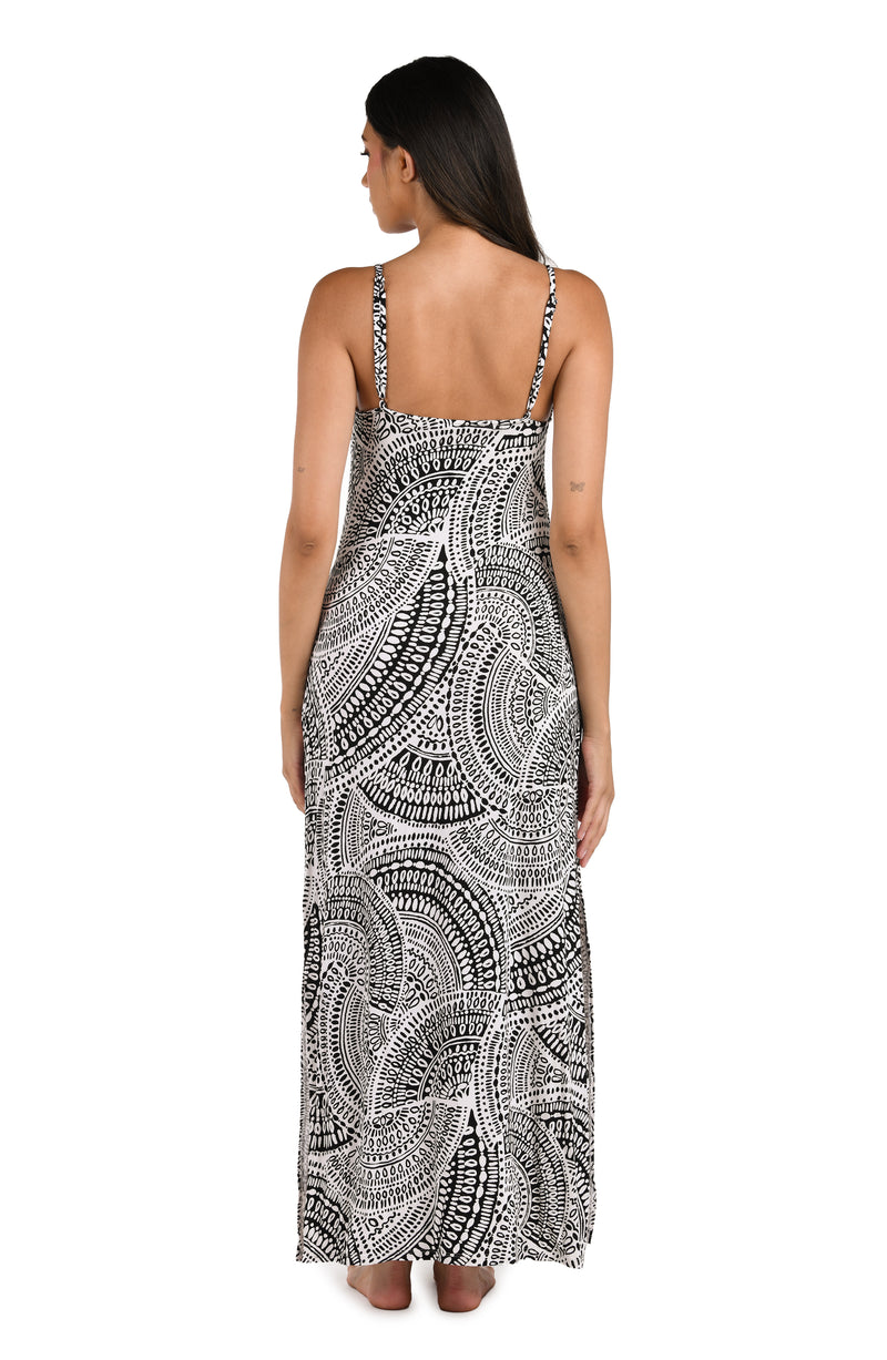 Back image of model wearing the Dream Catcher Over the Shoulder Maxi Dress Cover Up.