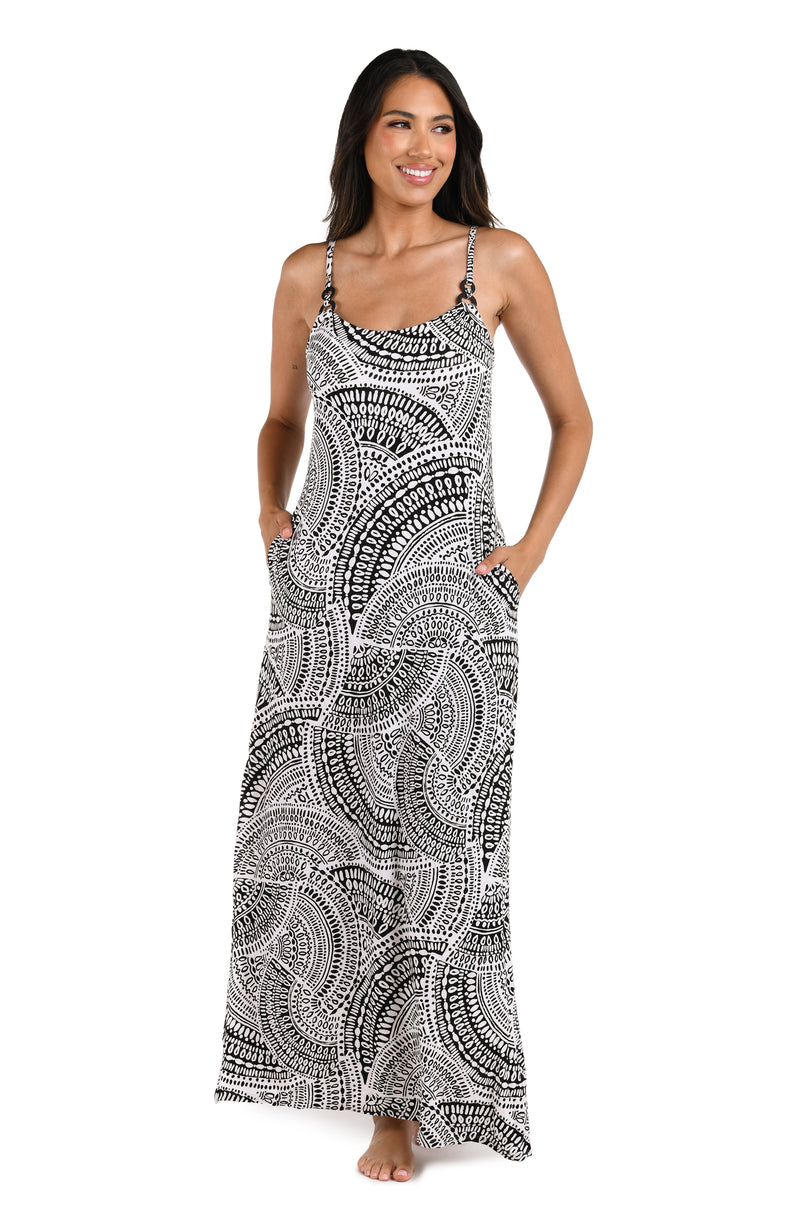 Front image of model wearing the Dream Catcher Over the Shoulder Maxi Dress Cover Up.