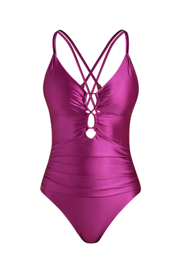 Floating image of a one-piece swimsuit in a berry color with thin straps, a plunging neckline, and triple cut-out ring detailing down the front.