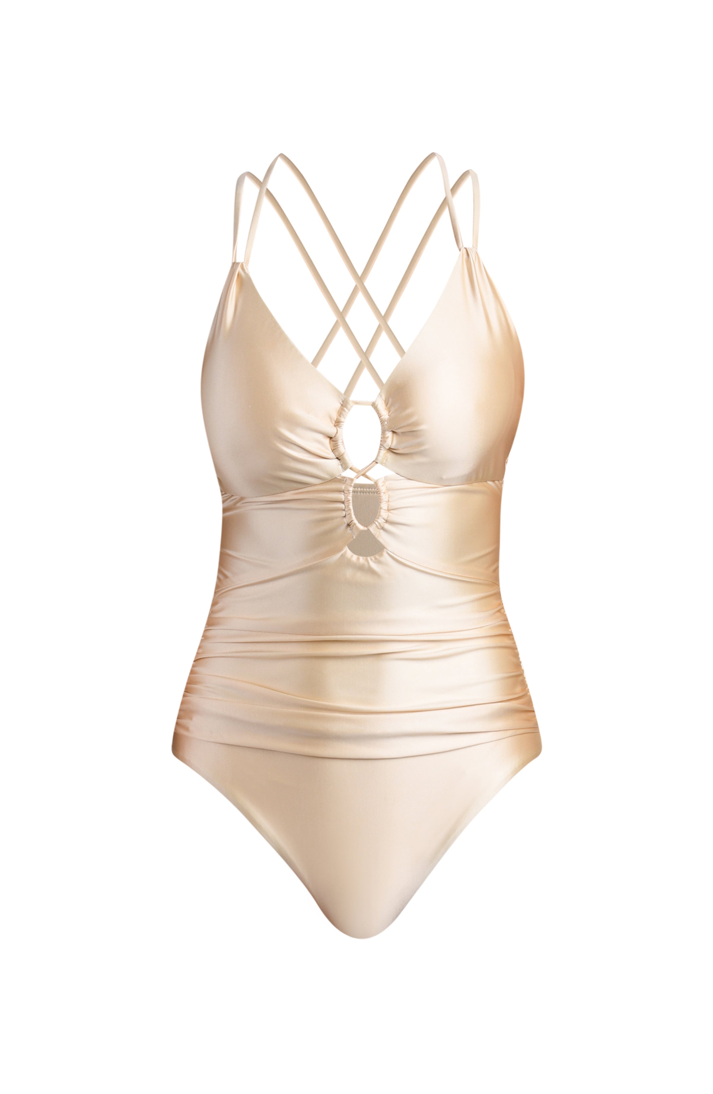 Champagne colored swimsuit with criss-cross straps on a white background