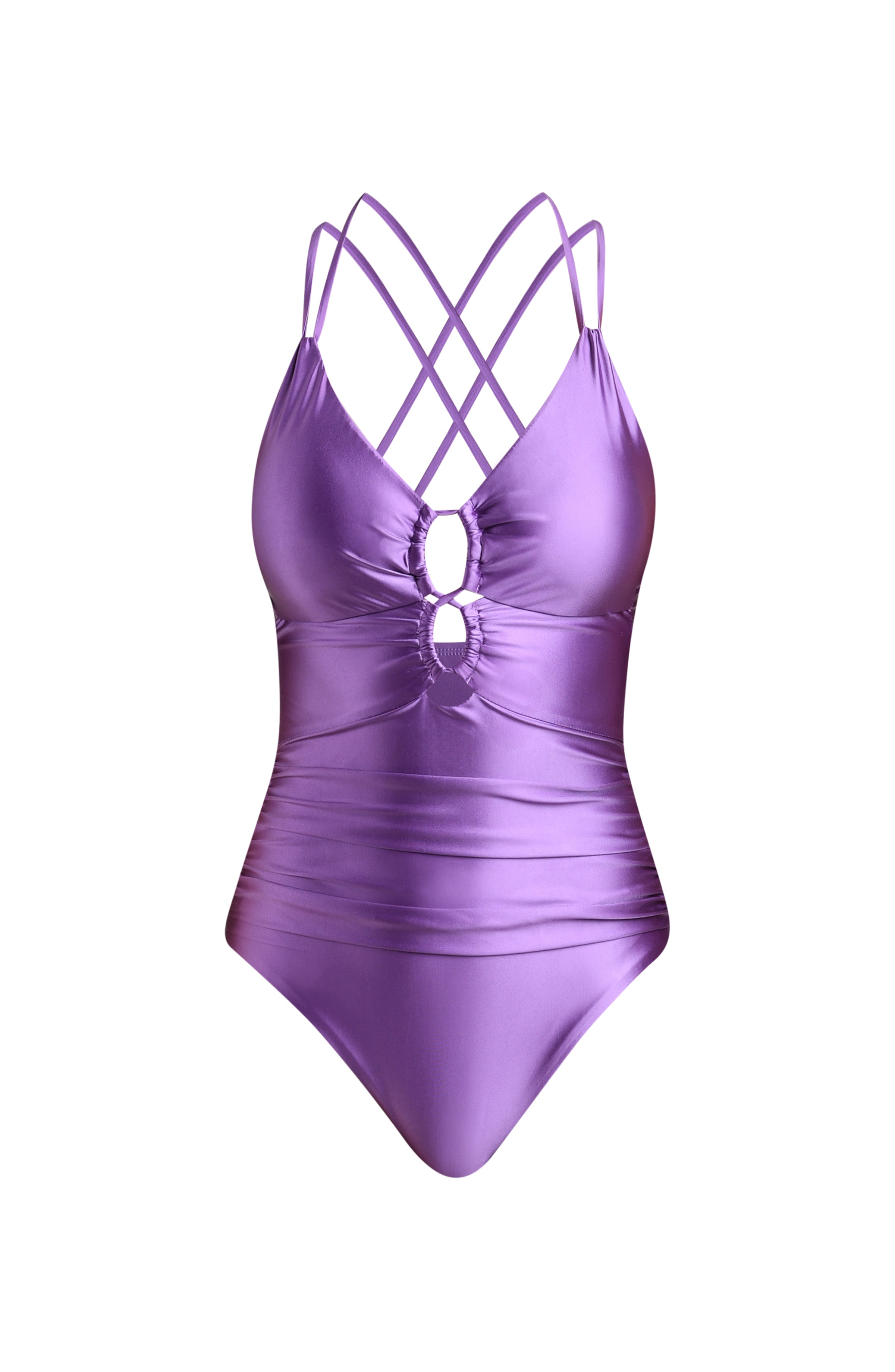 Lavender colored one piece swimsuit with criss-cross straps on a white background