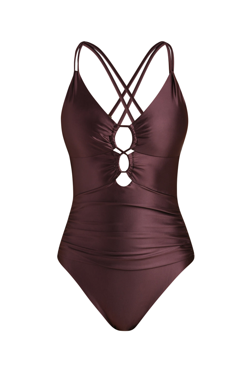 Floating image of a one-piece swimsuit in a truffle (brown) color with thin straps, a plunging neckline, and triple cut-out ring detailing down the front.
