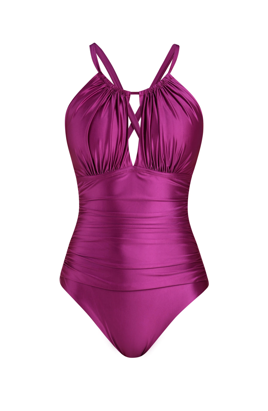 Floating image of a berry colored one-piece swimsuit with a halter neckline, keyhole cutout, and ruched detailing at the waist.