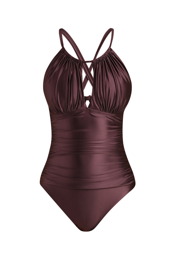 Floating image of a truffle (brown) colored one-piece swimsuit with a halter neckline, keyhole cutout, and ruched detailing at the waist.