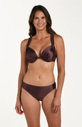 Full body front image of model wearing a halter bikini top in a truffle (brown) color with ruched triangle cups and adjustable back ties. This is paired with matching bikini bottoms. 