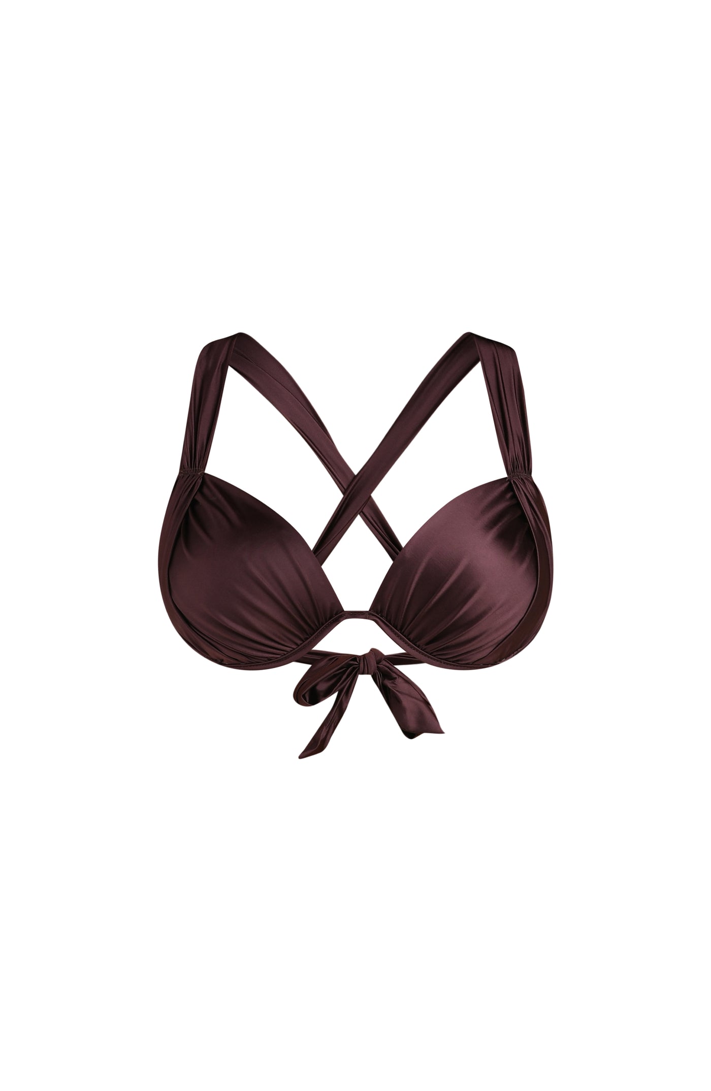
                  
                    Floating front image of a halter bikini top in a truffle (brown) color with ruched triangle cups and adjustable back ties.
                  
                