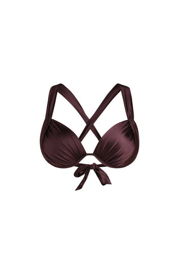 Floating front image of a halter bikini top in a truffle (brown) color with ruched triangle cups and adjustable back ties.