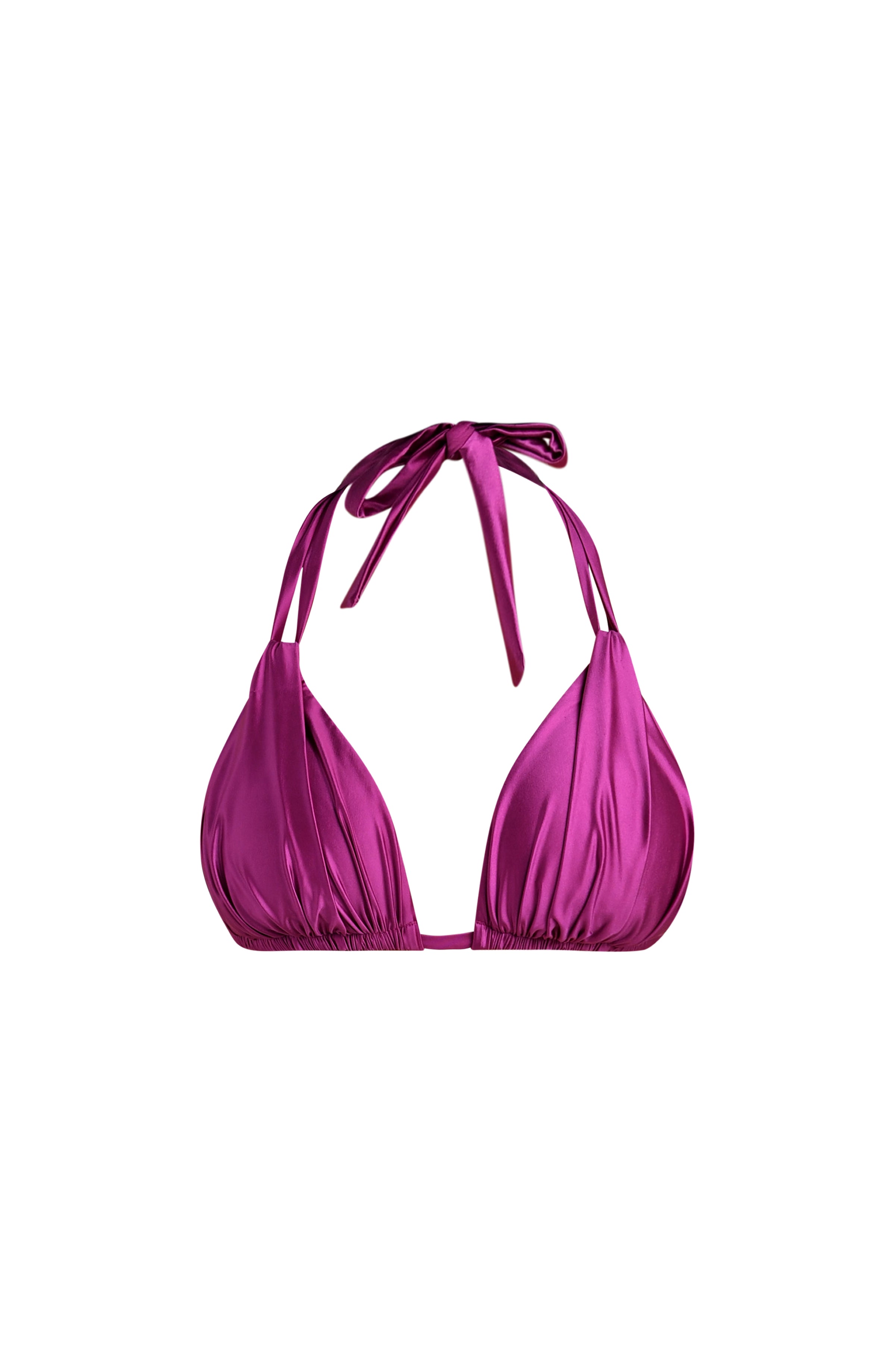 Floating front image of a halter bikini top in a berry color with ruched triangle cups and adjustable neck ties.